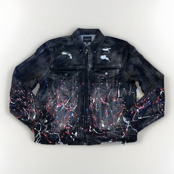 ROCKSTAR ORIGINAL Black Painter Splatter Jean Jacket Stretch Distressed Size Med - Picture 1 of 9